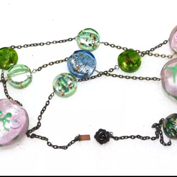 VINTAGE 28" GOLD TONE CHUNKY LAMPWORK ART GLASS CHAIN NECKLACE - Picture 4 of 5